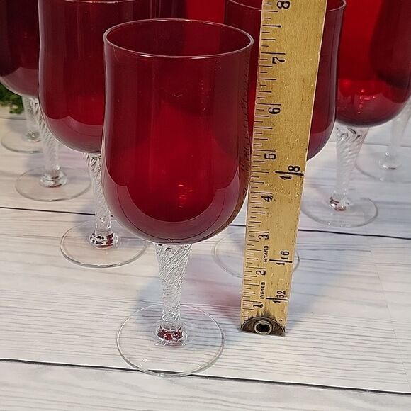 Colony Saturn Red water goblet 7 1/4" clear twisted stems 10 pieces - Picture 6 of 9